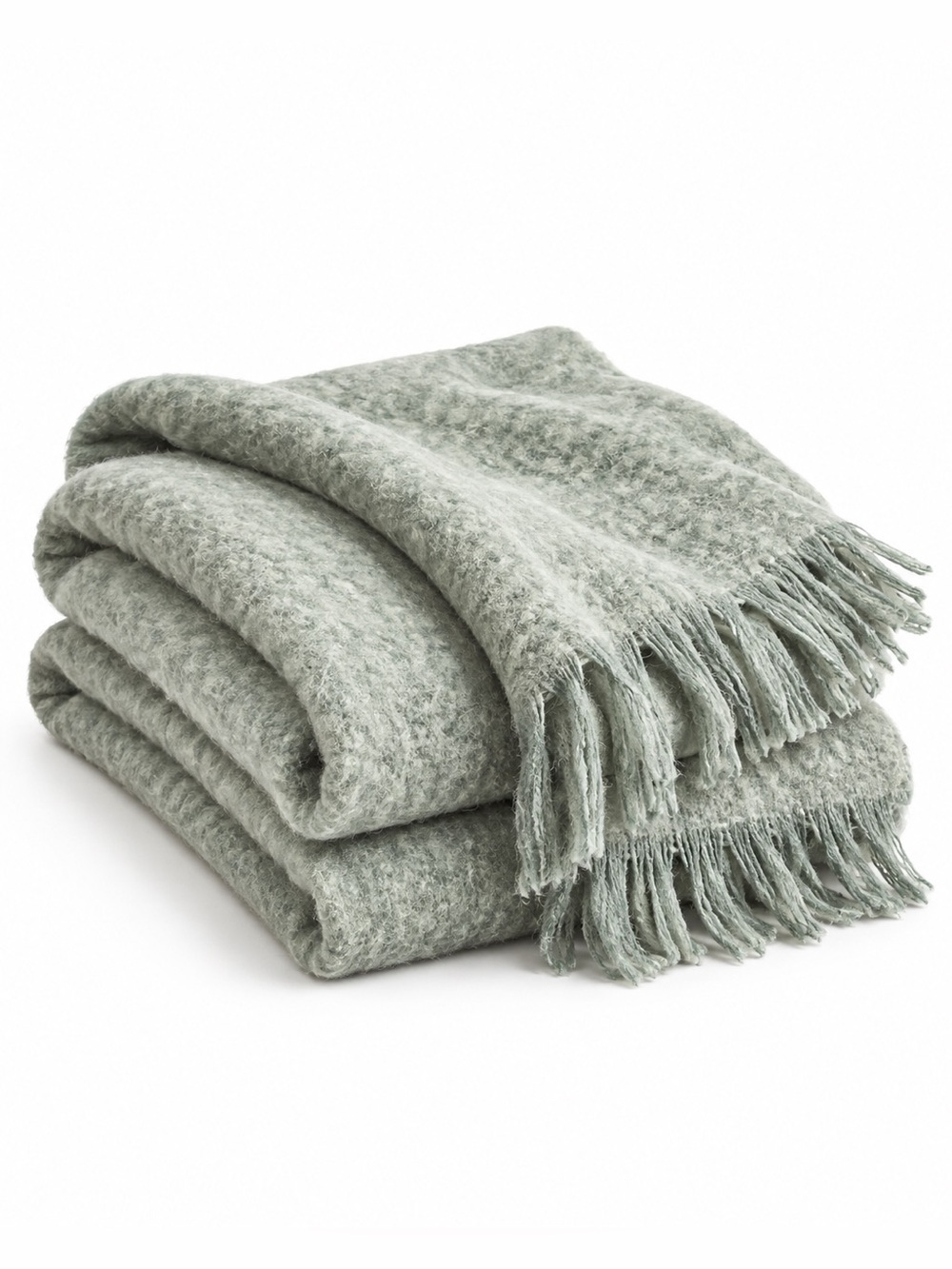 H&m Soft Plush Fringe Throw Blanket in Sage Green